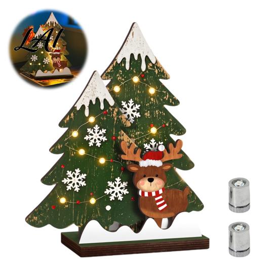 Christmas Party Supplies Wooden Tree Table Decor with LED Light Rustic Standing Sign Holiday Decoration Reindeer Santa Claus for Tiered Tray,