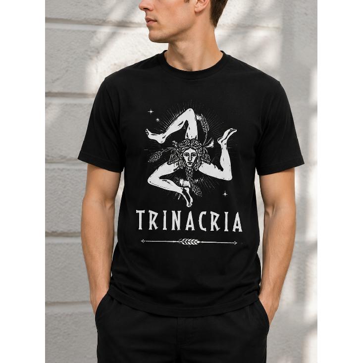 Men s Black Short Sleeve T-Shirt with Trinacria Graphic, Crew Neck, Soft Cotton Feel, Mythical Design for Casual Wear S чёрный