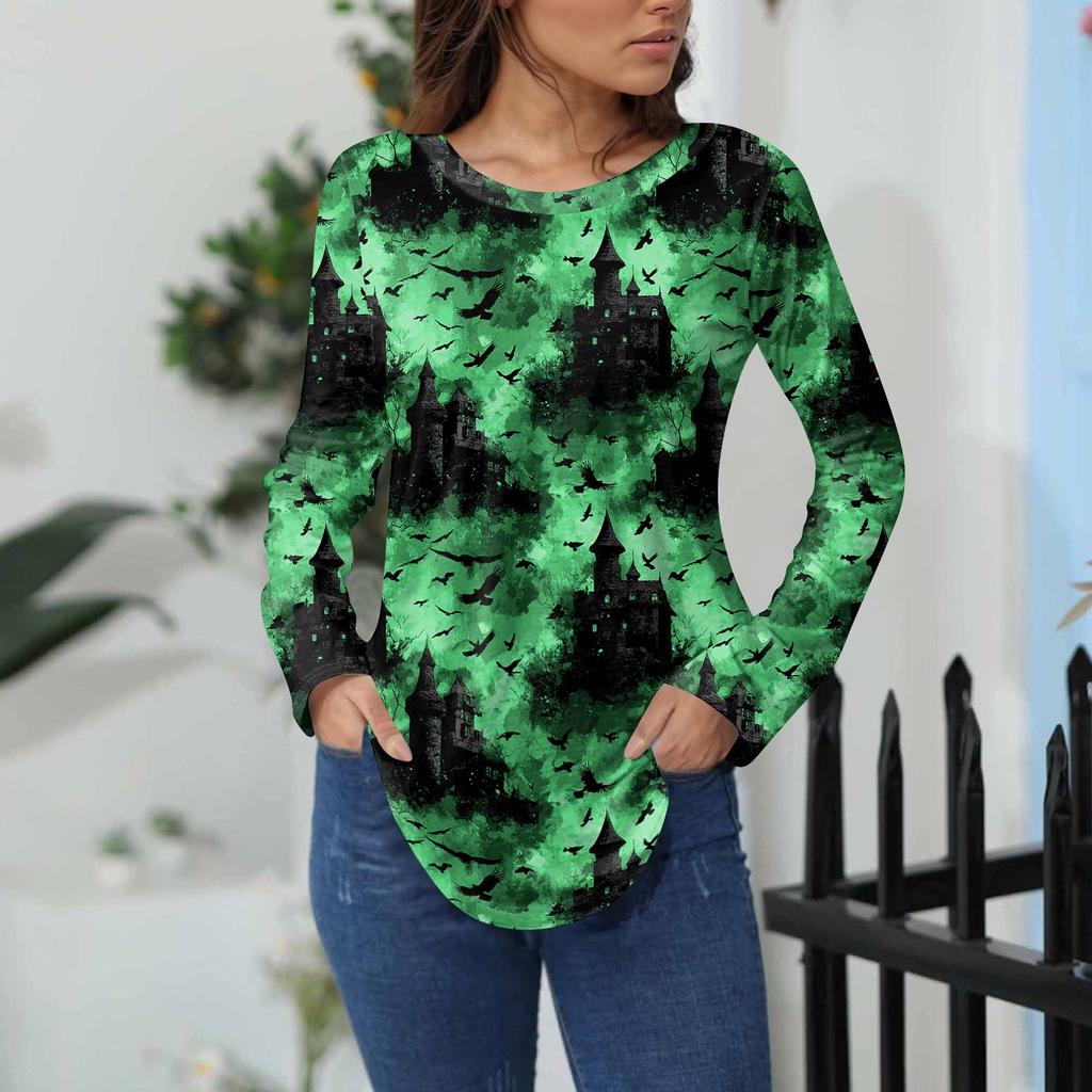 Women's Loose Fit Long Sleeve T-Shirt with Retro Halloween Print, Neck Pullover Top