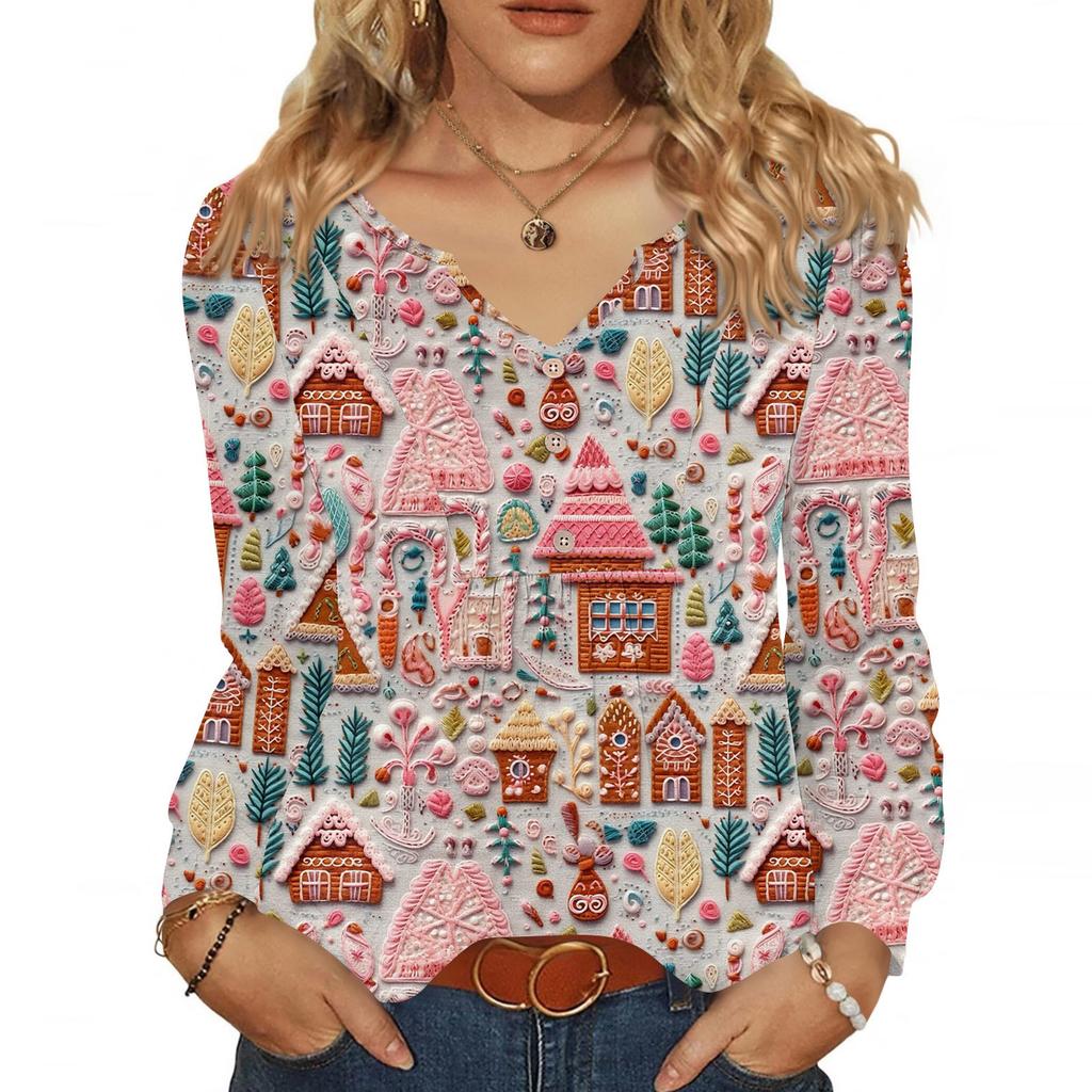 Women's Fashionable Casual V-neck Blouse Button Christmas Printed Long-sleeved Pullover T-shirt Top