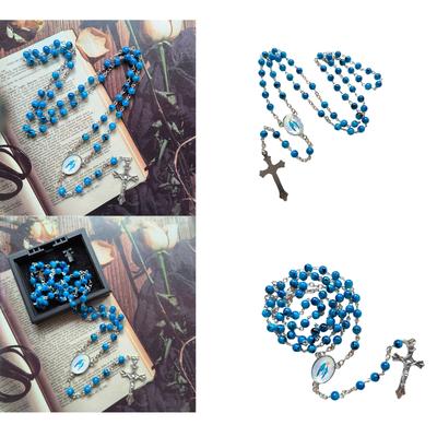 Handmade Round Glass Bead Catholic Rosary Necklace Cross Pendant Religious Necklace Long Chain Choker Player Religious