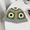 Cute Dopamine Wind Japanese Handmade Crochet Knitted Bucket Hat Rainbow Rhombus Plaid Wool Bucket Winter Basin Hat Bucket Hat