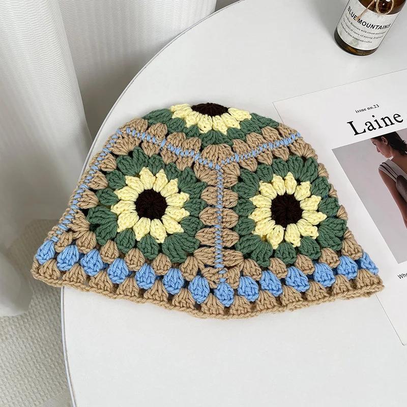 Милая дофаминовая ветка Японская ручная работа Крючком Вязаная Панама Радужный Ромб Клетка Шерстяная Панама Зимняя Панама-Бассейн Панама