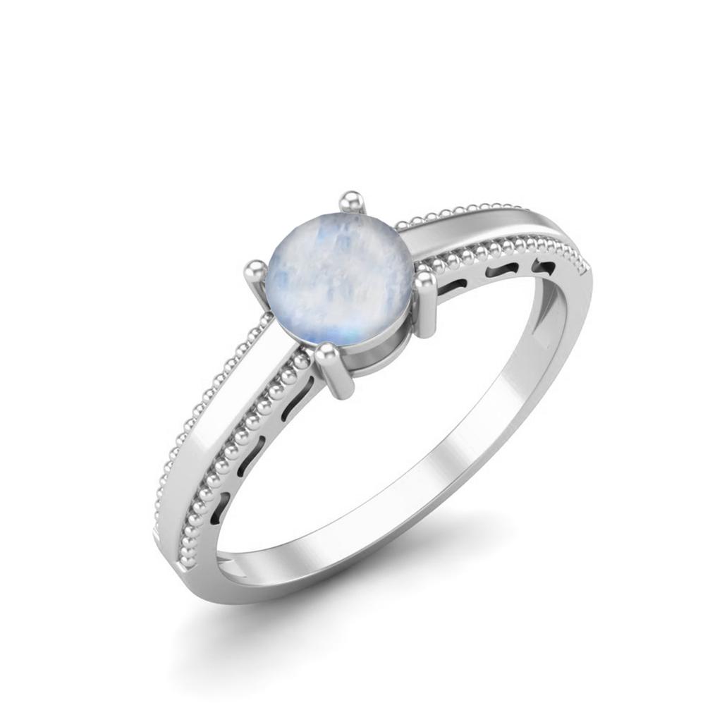 925 Sterling Silver 0.50 Cts Round Moonstone Solitaire Beaded Shank Anniversary Women Ring