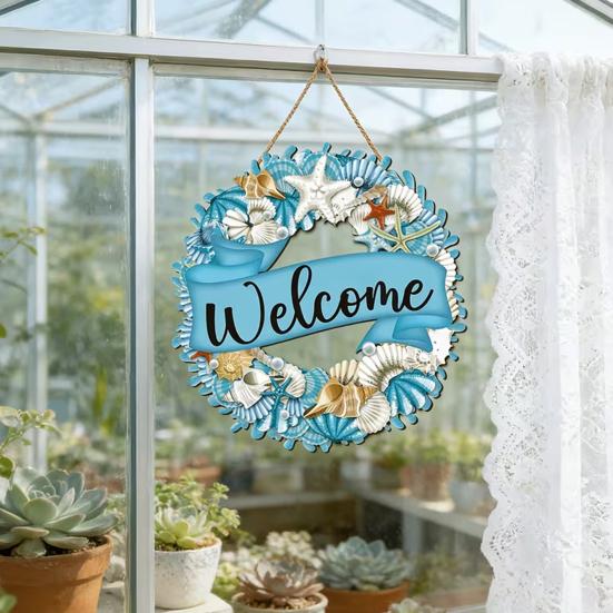 Welcome Summer Sign Shells Starfish Wall Hanging Wreath Farmhouse Coastal Beach Wooden Round Door Hanger for Front Door Porch Courtyard Decor