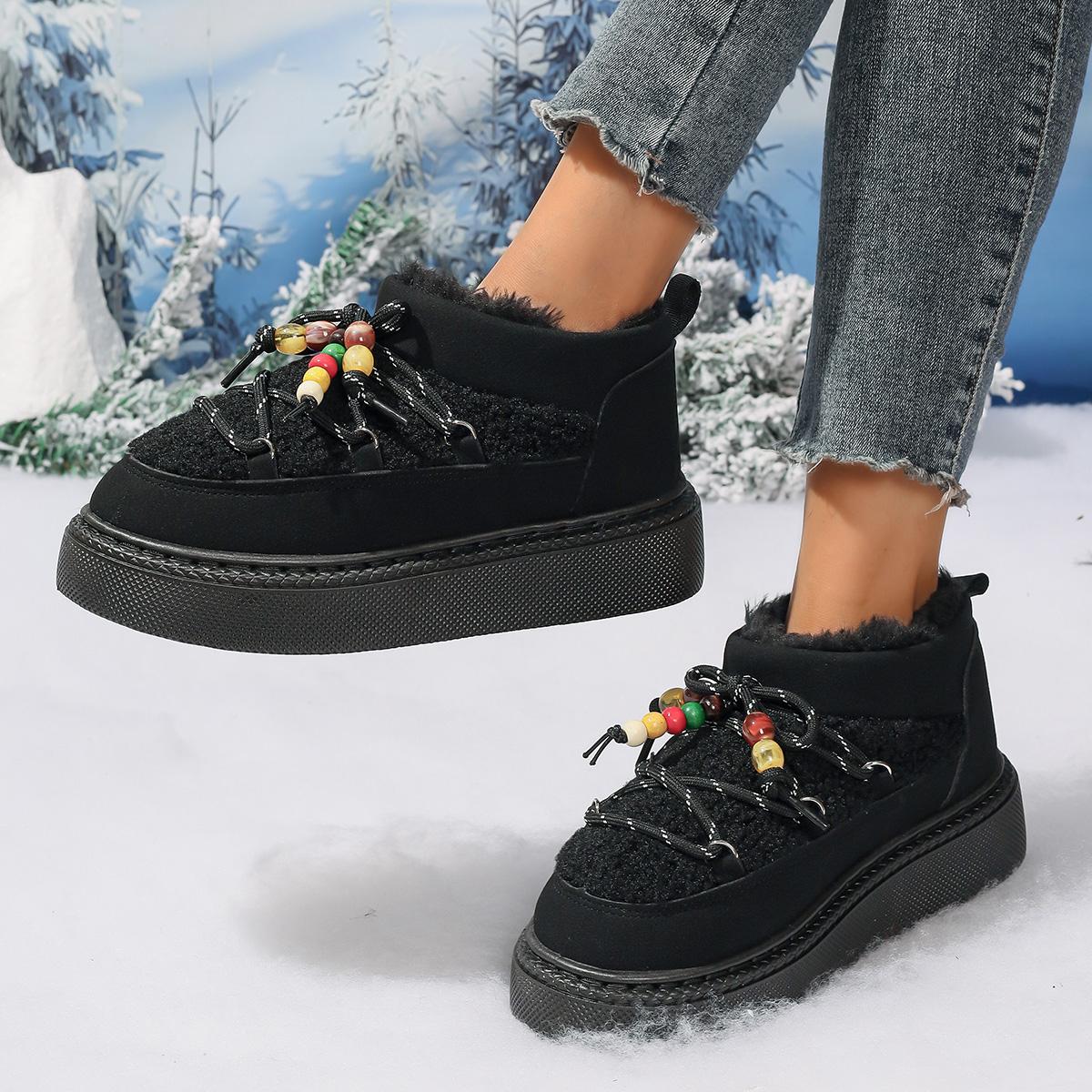 

Модные богемные ботинки на шнуровке с бусинами, женские теплые ботильоны из мягкого искусственного меха, женские зимние короткие ботинки для снега большого размера, шнуровка крест-накрест 36 чёрный