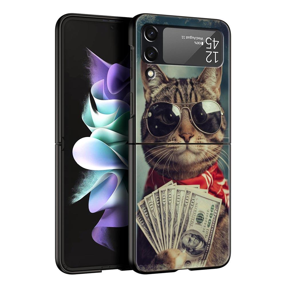 Hard PC Phone Case For Samsung Galaxy Z Flip 7 6 5 4 Black Cover For Galaxy Z Flip 3 Foldable Shockproof Money Cat Fundas Capas