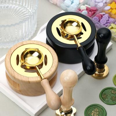 Solid Wood Wax Melting Furnace with Spoon Sealing Wax Stamps Set for 2/3 Pcs Wedding Invitations