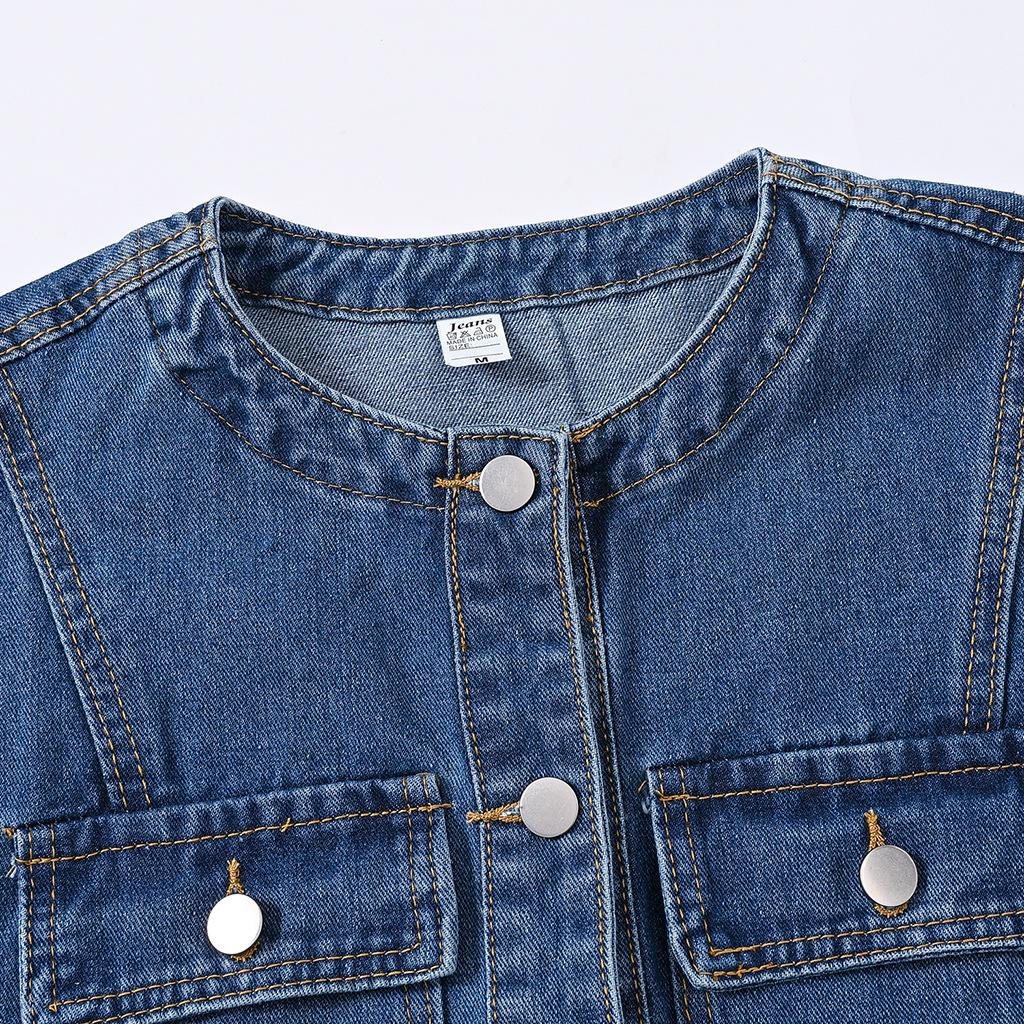 Round-neck Casual Women's Denim Vest Top with No Sleeves and Short Style, Casual Retro Fitted and Stylish Blazer