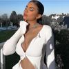 VAYLA Women T-shirt Spring Autumn Clothes Ribbed Knitted Long Sleeve Crop Tops Zipper Design Tee Sexy Female Slim Black White Tops