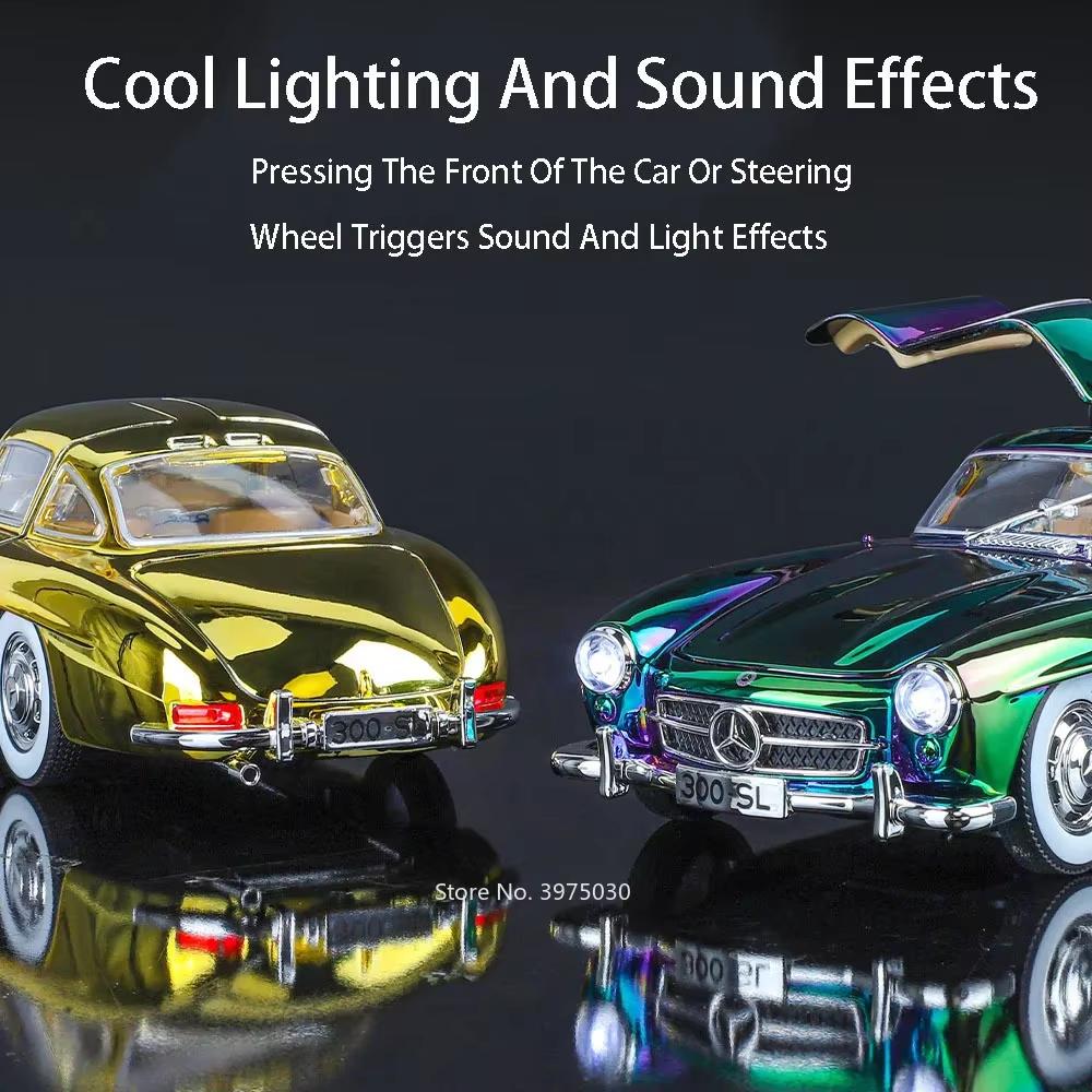 Nové 1:Miniaturní model retro auta 300SL z hliníkové slitiny v měřítku 1:24, otevíratelné 4 dveře, zvukové a světelné efekty, dárek ke Dni dětí