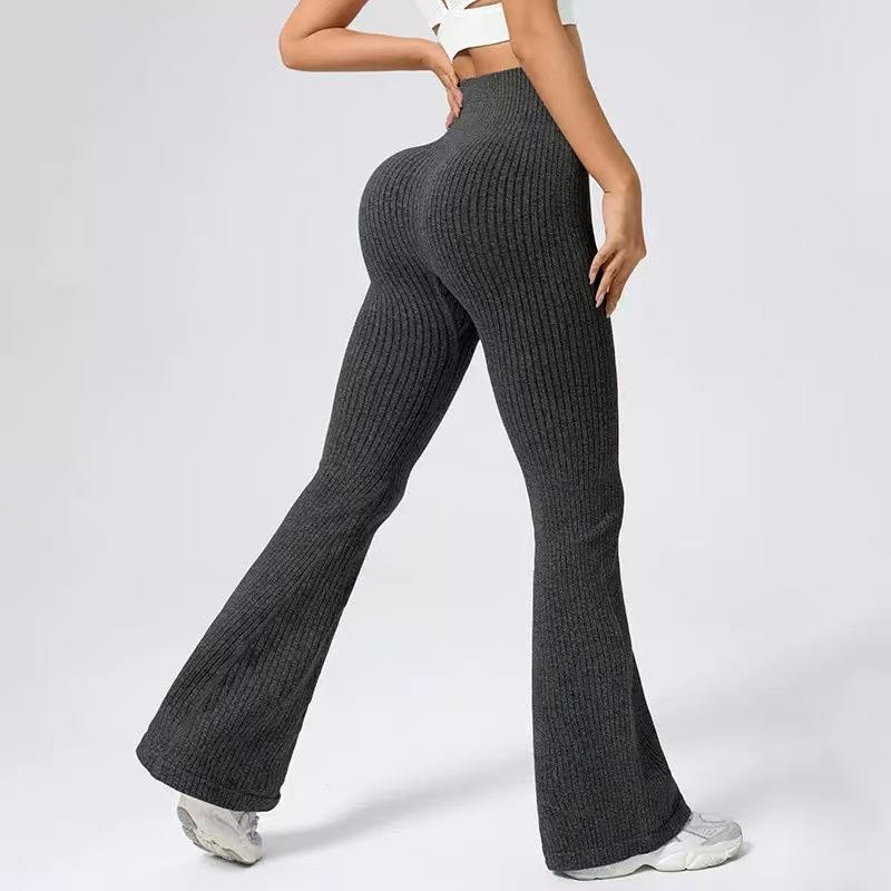 Women's Solid-Color Knit Ribbed High-Waisted Slightly Flared Slimming Seamless Yoga Flared Pants for Spring and Fall