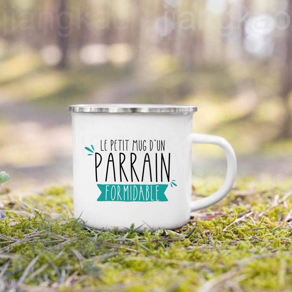 Französische Taufpatin Pate Druck Emaille Kaffeetasse Getränke Milchbecher Campingtassen Bestes Geburtstags-Feiertagsgeschenk für Patentante Patenonkel