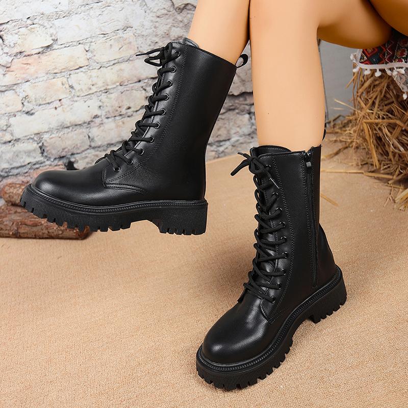 Fashion British Style Black Mid Calf Boots for Women Pu Leather Thick Heels Motorcycle Botas Mujer Autumn Winter Lace Up Boots Woman