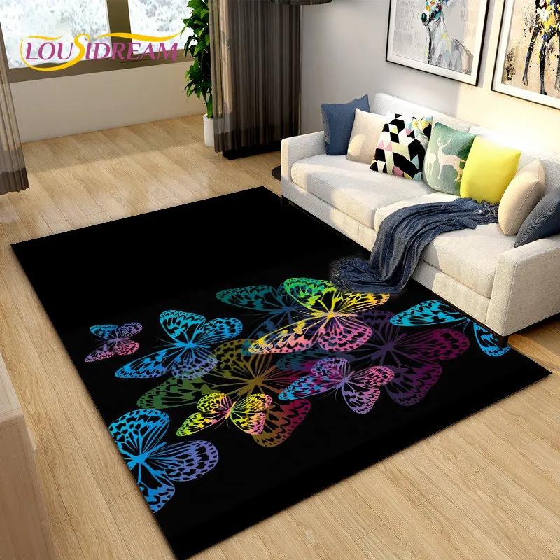 3D barevný koberec Butterfly Flower Area,Koberec do obývacího pokoje Ložnice Pohovka Yoga,Kuchyně Koupelna Rohožka Protiskluzová podložka na podlahu