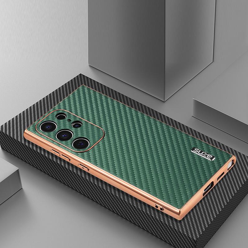 

Для Samsung Galaxy S24 S23 S22 Ultra S21FE Роскошные кожаные чехлы для телефонов с узором из углеродного волокна для Galaxy S24 Защитная задняя крышка S21 FE зелёный