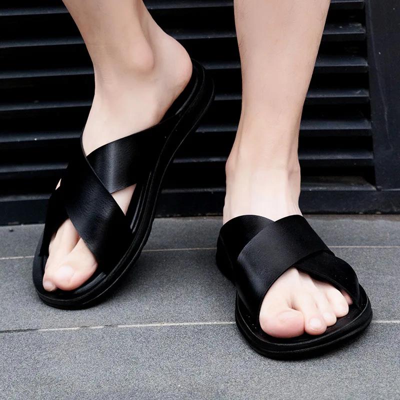 Fashion Men Shoes New  Summer Shoes Italian Leather Slippers Men High Quality Size 38-47 Beach Slip on Flats Man Flip Flops Mens Sandals