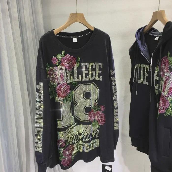 739# Women's Rhinestone Sweatshirt - Heavy Duty, Slimming Long Sleeve, Light Luxury, Fashionable, Age-Reducing Top