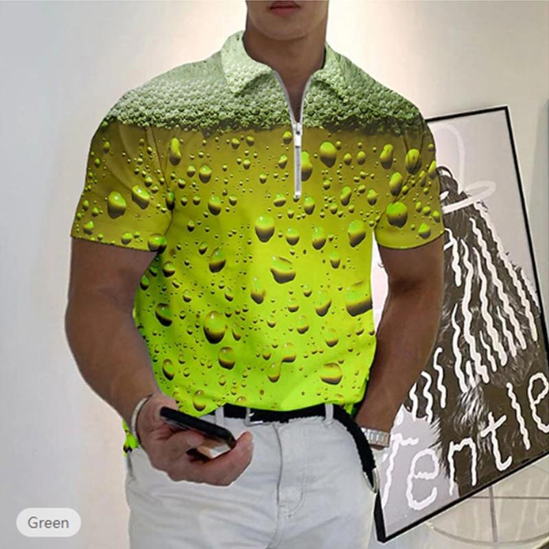Casual Lapel T-shirt Young Men's Fashion Zipper T-shirt Short Sleeve T-shirt Men's 3D Beer Printing Print T Shirt