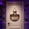 Wooden Round Halloween Door Sign Hanging Decoration Outdoor Porch Patio Party Seasonal Welcome Sign with Bow and Bat Cutouts