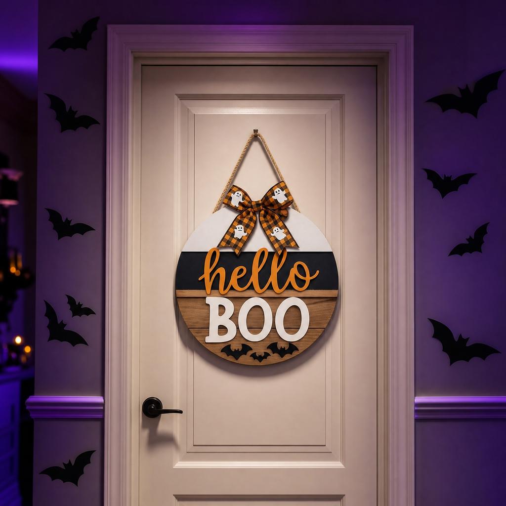 Wooden Round Halloween Door Sign Hanging Decoration Outdoor Porch Patio Party Seasonal Welcome Sign with Bow and Bat Cutouts