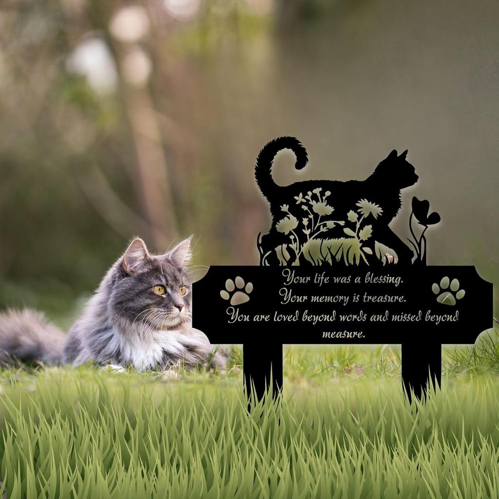 Cat Grave Marker Outdoor Memorial – 12in Metal Pet Memorial Plaque with Garden Cat Silhouette, Weatherproof Headstone for Yard or Indoor Tribute,