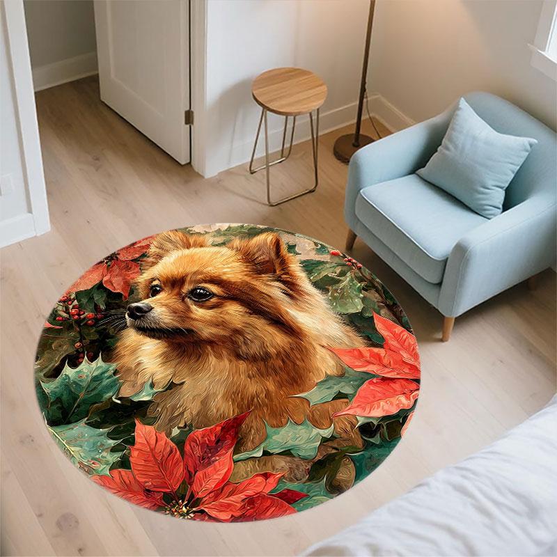 Pomeranian & Flowers pattern round rug,Carpet Rug for Living Room Bedroom Playroom ,Non-slip Floor Mat,Holiday Gifts and Birthday Gifts.