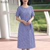 ZANZEA Damen Lässiges Rundhals-Kurzarmkleid mit Karomuster