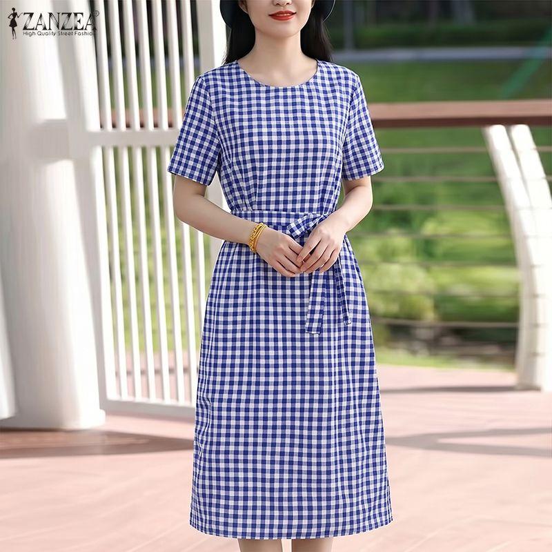 ZANZEA Damen Lässiges Rundhals-Kurzarmkleid mit Karomuster