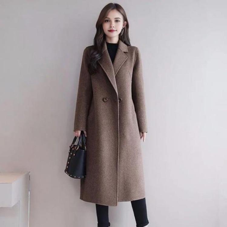 Thermal Winter Coat Women Double Breasted Overcoat Turn Down Collar Long Sleeved Loose Fit Jacket Solid Color Pockets Commuting Dating Spring Fall
