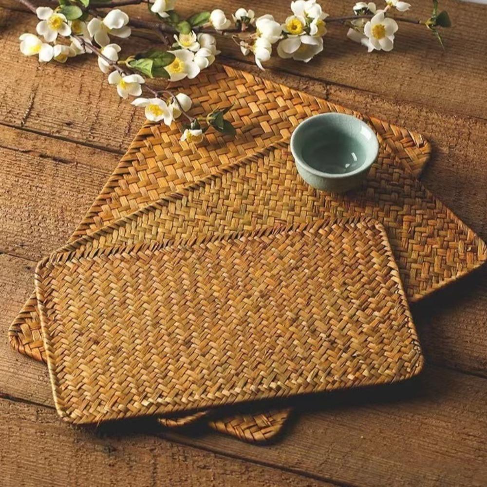 Durable Natural Woven Rattan Table Placemats Rectangular Heat Resistant Table Mats Rustic Washable Indoor Placemats Kitchenware