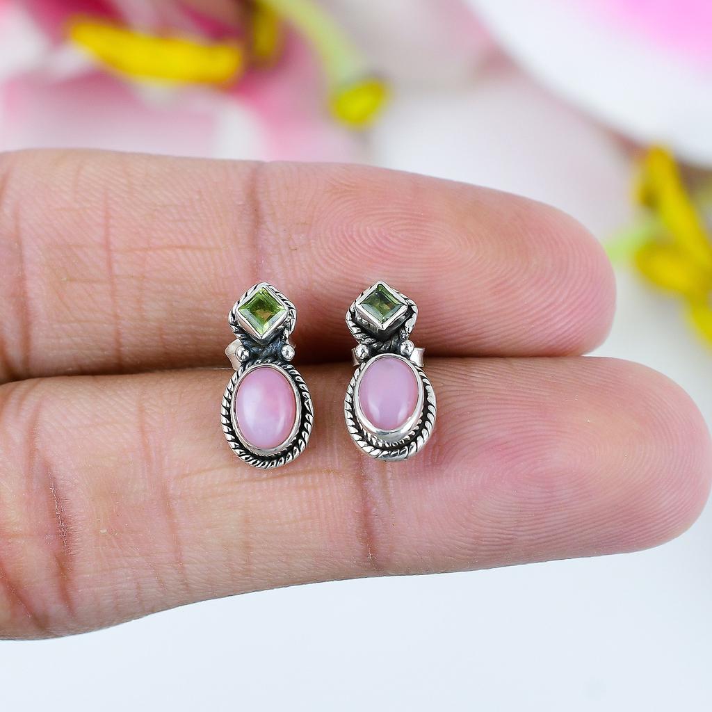 Natural Pink Opal,Peridot 925 Solid Sterling Silver Gift Tops Earring .75" t7M83