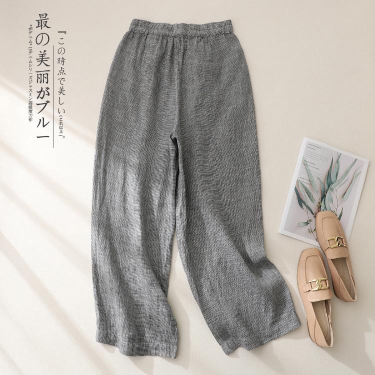 

Летние хлопковые льняные брюки женские прямые повседневные широкие льняные брюки с узором «гусиная лапка» и высокой талией 2XL