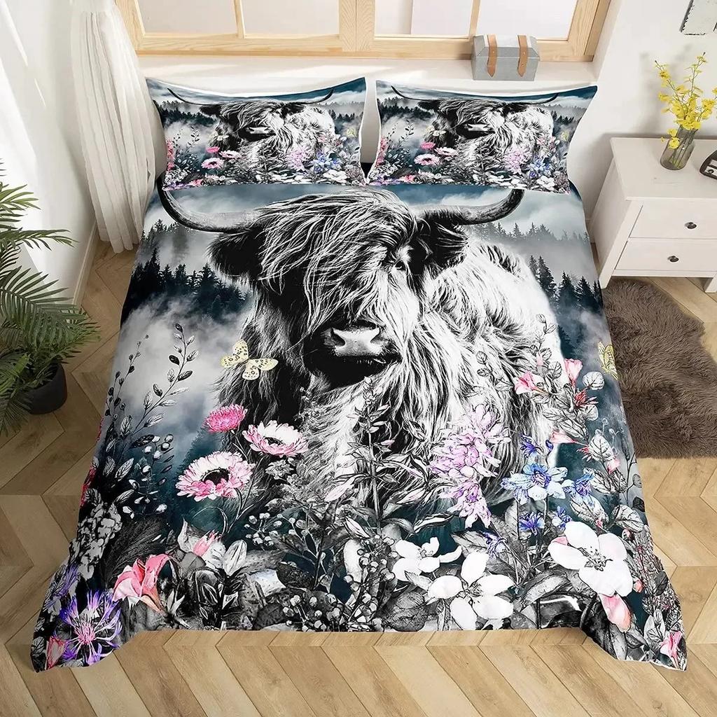 Highland Cattle Floral Cow Yellow Sunflower Animal Bedding Set Boys Girls Twin Queen Duvet Cover Pillowcase Bed Kids Adult