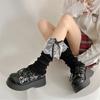 Elegant Ribbed Knit Stretch Leg Warmers Boot Cuffs Ruffled Lace Trim Bowknot Leg Cover Over Calf Long Socks for Women
