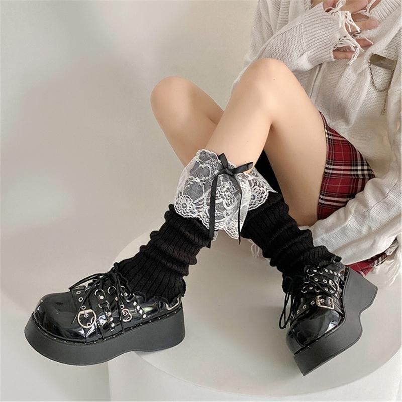 Elegant Ribbed Knit Stretch Leg Warmers Boot Cuffs Ruffled Lace Trim Bowknot Leg Cover Over Calf Long Socks for Women