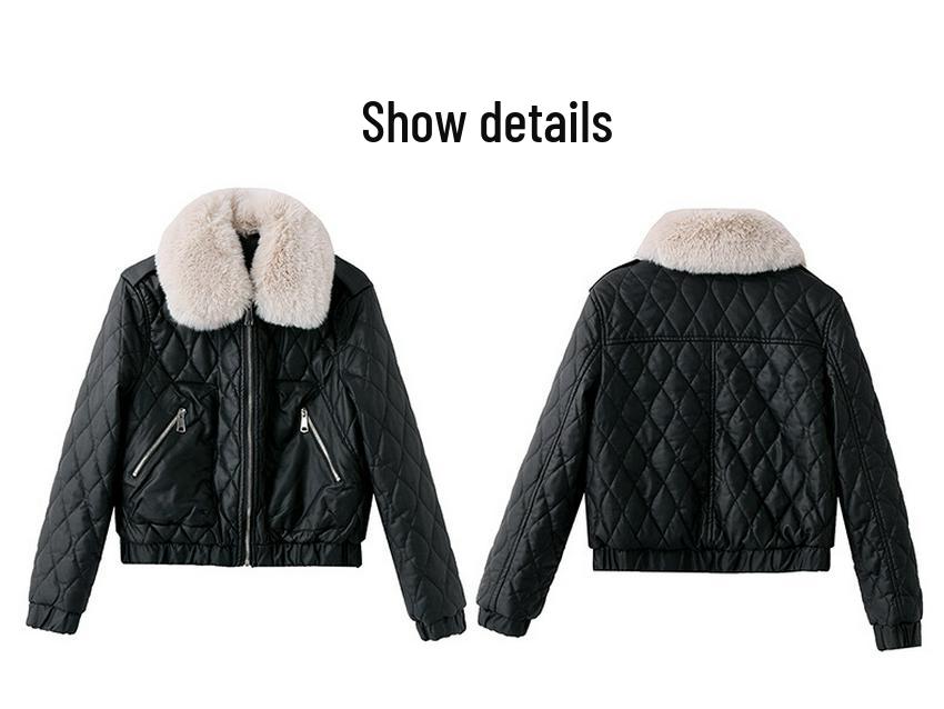 Women's Winter Korean Style PU Leather Coat with Fleece Lining and Fur Collar