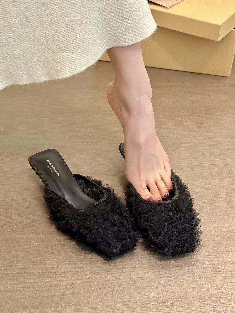 Purple mist aesthetics! Temperament square head mesh yarn half drag half slippers women's spring 2025 spring new outer wear cat heel sandals