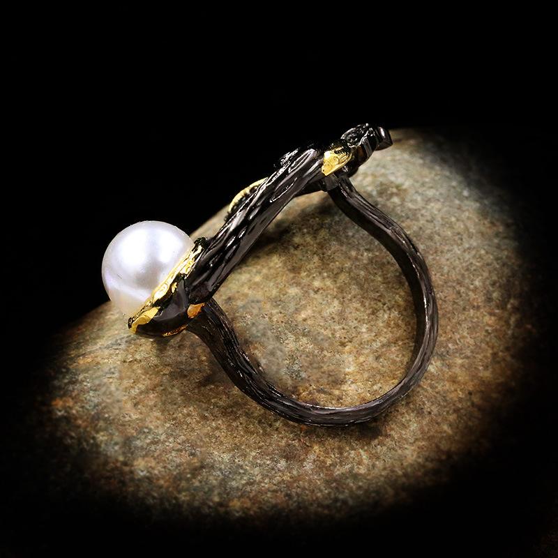 Tamsui Zhen Plant Pearl Pastoral Style Pendant Long Draped Black Gold Two-Color Ring Women