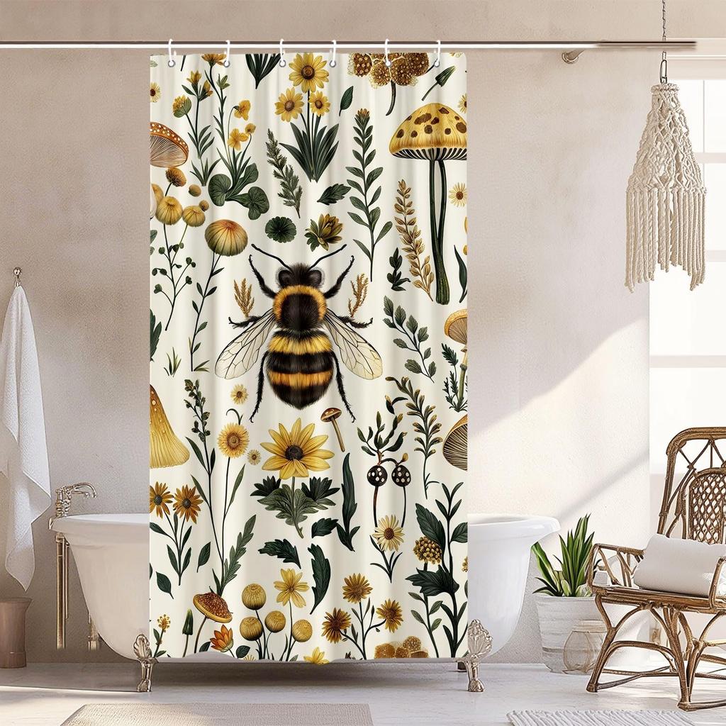 Vintage Boho Shower Curtain Black and Gold Floral Bathroom Aesthetic Decorative, Funny Rustic Bee Daisy Flowers Witchy Eclecti