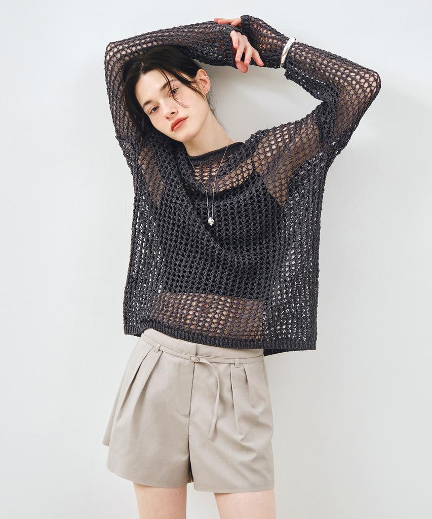 MONGDOL Paper Net See-Through Knit Top Charcoal Mdkt126Charcoal