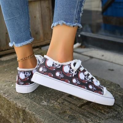 Niche Design Sense Versatile Casual Flat Shoes Women's Large Size Halloween Skull Canvas Shoes Sports Skateboard Shoes