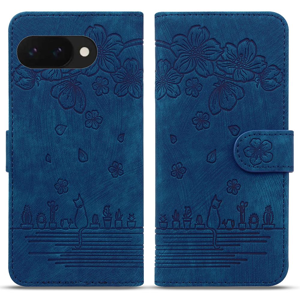 

For Google Pixel 9a Case Flip Stand Leather Phone Cover Cherry Blossom Cat Imprinted Blue