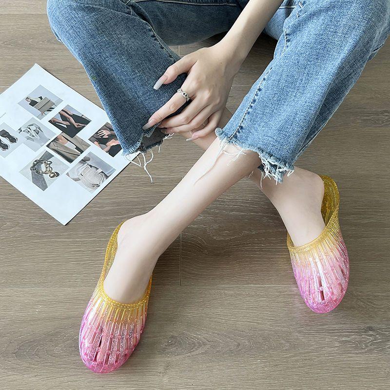 Summer New Baotou Cool Slippers for Women Flat Bottom Home Indoor Anti Slip Hollow Jelly Shoes for Women
