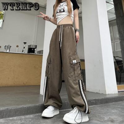 Women Casual Wide Leg Cargo Pants Drawstring Solid Streetwear Elastic Waist Sweatpants Loose Y2K Joggers Hip Hop Baggy Trousers