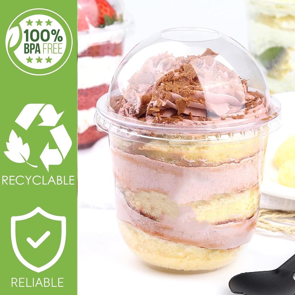 12 oz Plastic Dessert Cups with Dome Lids (No Hole) and Sporks, Clear Disposable Yogurt Parfait Cups with Lids, Individual Party