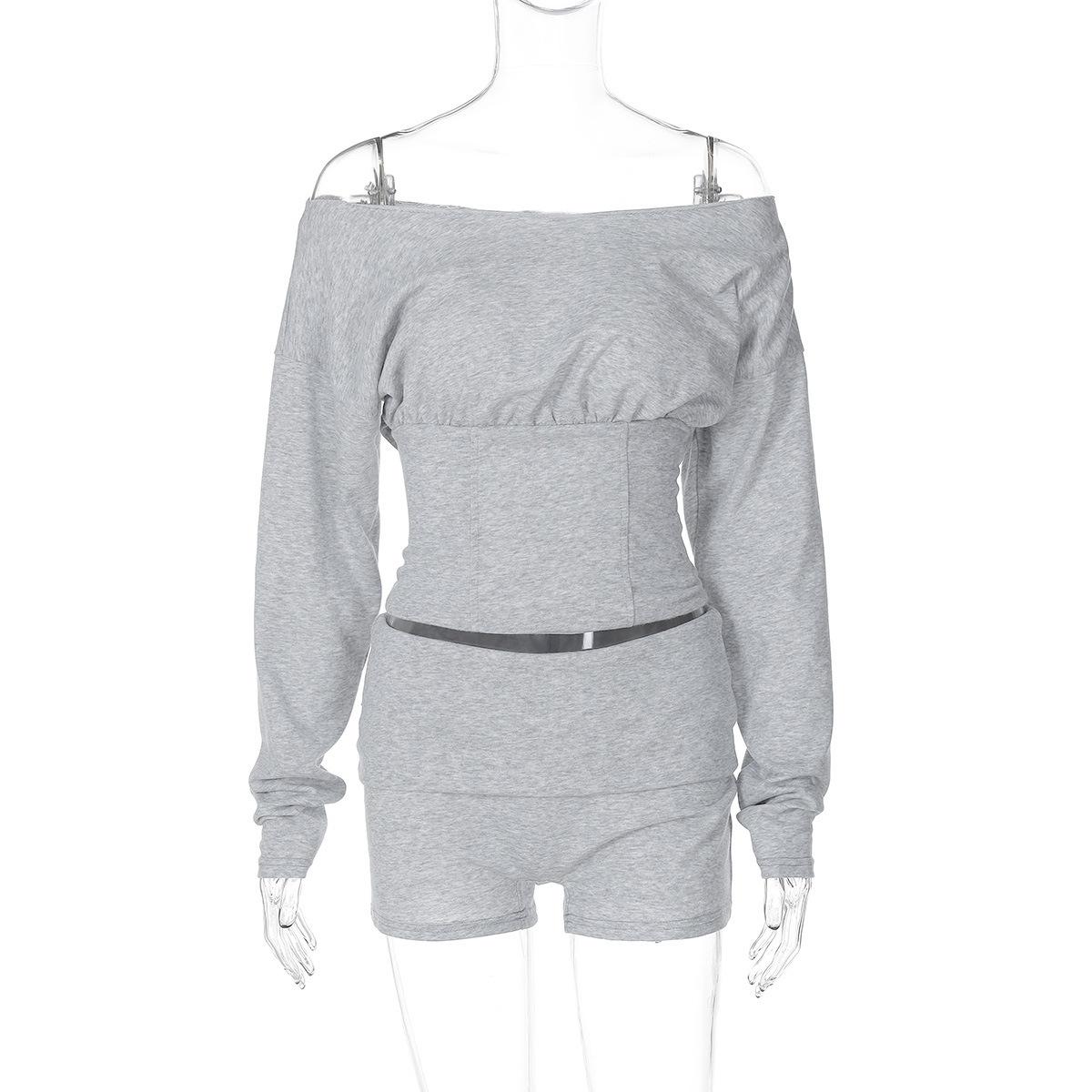 

Black Off Shoulder Long Sleeve Top and High Waist Shorts Two Piece Set S