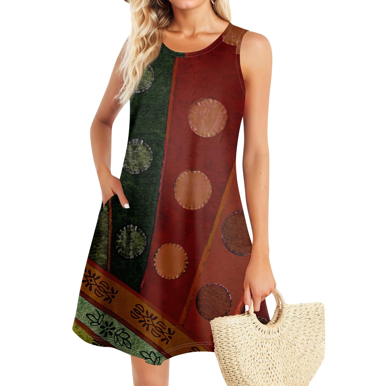 

Летние платья для женщин Пляжный Бохо без рукавов Винтажный принт Футболка с карманами Сарафаны-майки XL винный