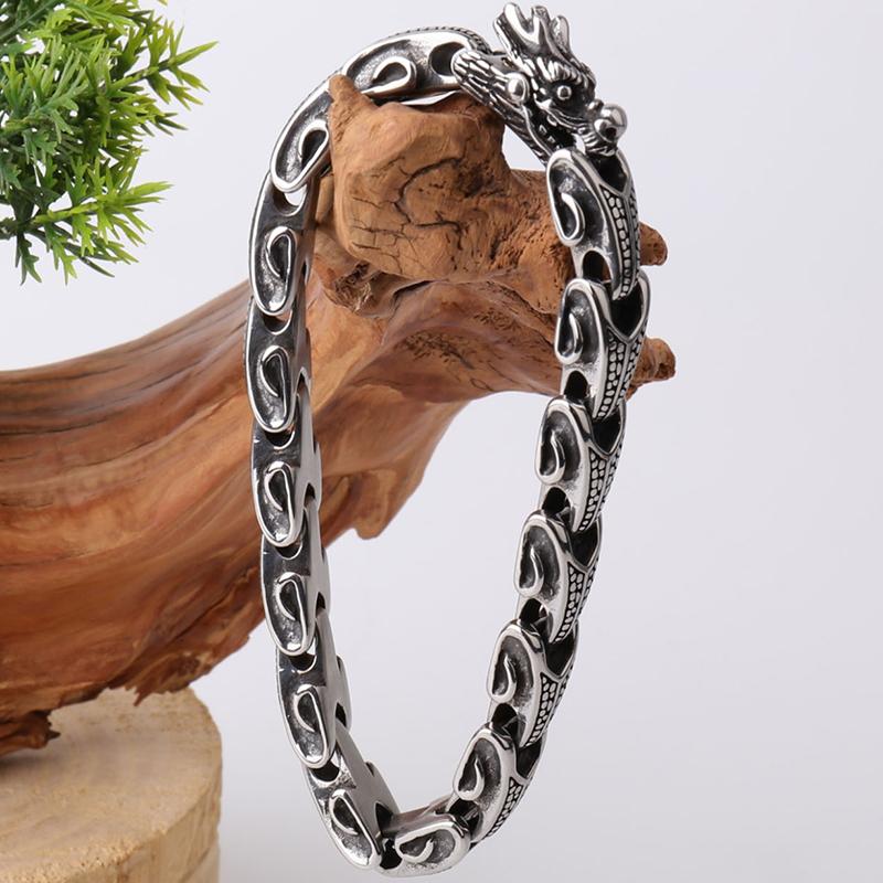 Gothic Stainless Steel Men's Dragon Head Chain Bracelets Vintage Chromme Bracelet Man Jewellery Gifts for Boyfriend Husband Him