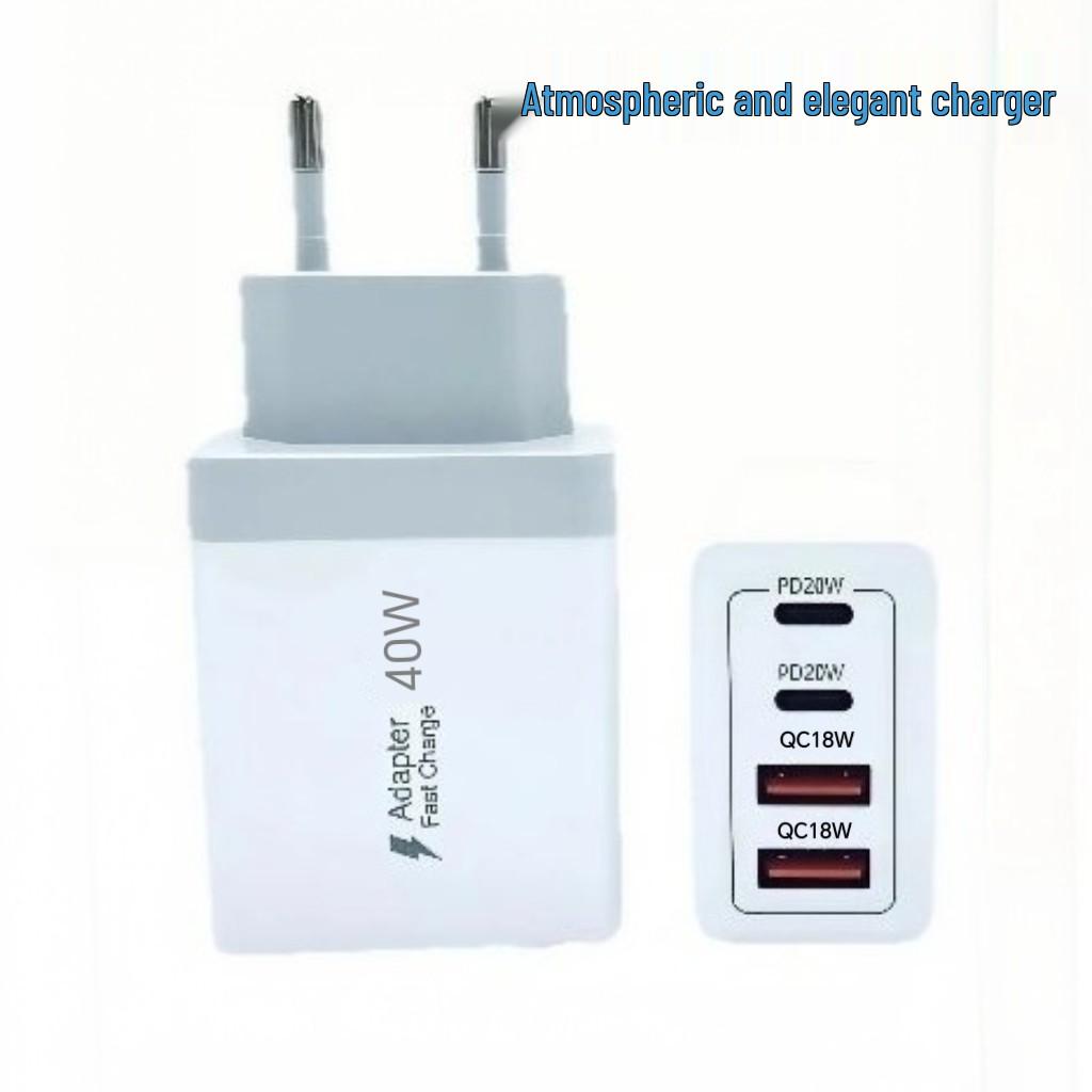 40W EU Standard 4-Port Fast Charger: 2 USB-C & 2 USB-A for Mobile Phones & Watches